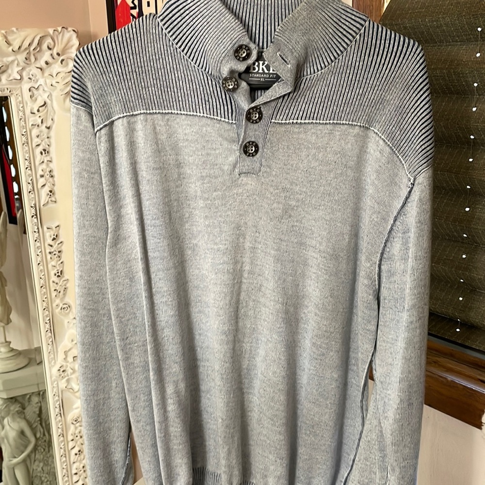 Mens BKE button up sweater. Lightweight material. Blue grey color. Like new.
